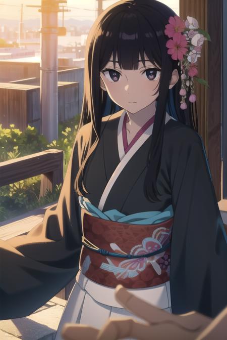 anzuhanashiro, <lyco:anzuhanashiro-lyco-nochekaiser:1>, 
anzu hanashiro, long hair, bangs, black hair, sidelocks, blunt bangs, (black eyes:1.5),
BREAK hair ornament, flower, japanese clothes, kimono, sash, obi, yukata,
BREAK looking at viewer,
BREAK outdoors, festival, fireworks,
BREAK <lora:GoodHands-vanilla:1>, (masterpiece:1.2), best quality, high resolution, unity 8k wallpaper, (illustration:0.8), (beautiful detailed eyes:1.6), extremely detailed face, perfect lighting, extremely detailed CG, (perfect hands, perfect anatomy),