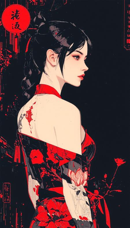 gothic 18 year old girl, red Japanese kimono half off showing her back, cute round face, looking to left side, hair is glowing in the dark, sexy and seductive pose showing her back, arched back, bend over, she is in a dark background with Black and Neon Red outlines, pink lip gloss, ((extremely white pale)) skin tone, ((full traditional Japanese back tattoo)) of lotus flowers covering the her entire back, blue light glow sets the scene, vibrant colors, professional photography, full body back shot,  full body view, wide angle shot, detailed body, hd, high quality, 4k, ultra realistic.  embedding:badhandv4.pt   embedding:easynegative.safetensors  OBxiaoxiang,  b74_aes, ShadowDJ