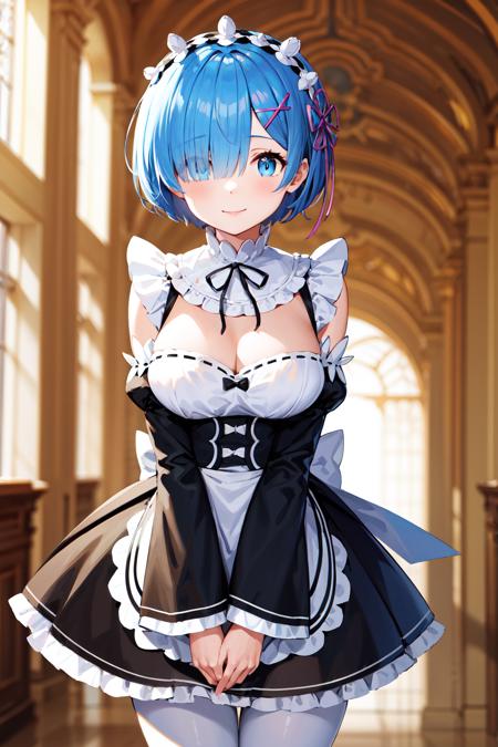 masterpiece, best quality, highres, aarem, short hair, maid headdress, x hair ornament, hair ribbon, hair over one eye, large breasts, frills, neck ribbon, cleavage, dress, detached sleeves, white apron, waist apron, white pantyhose, <lora:rem_v1:0.8>, standing, cowboy shot, smile, indoors, v arms, hand between legs,