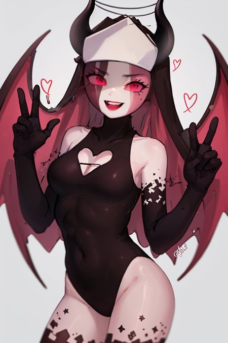 sarventedef, colored skin, habit, dress, long sleeves, puffy sleeves, thighhighs, garter straps, white gloves, cross sarventegos, demon girl, colored skin, leotard, clothing cutout, heart cutout, thighhighs, elbow gloves, demon wings, spider web holding microphone