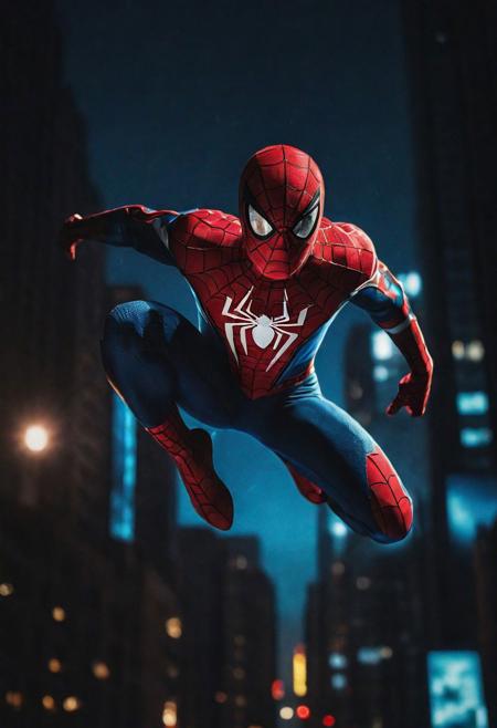 Portrait face Solo spiderman flying in new york , photograph ,pale beautiful photo, ultra detailedspiderman suit , night time, cinematic composition,  cinematic filtering