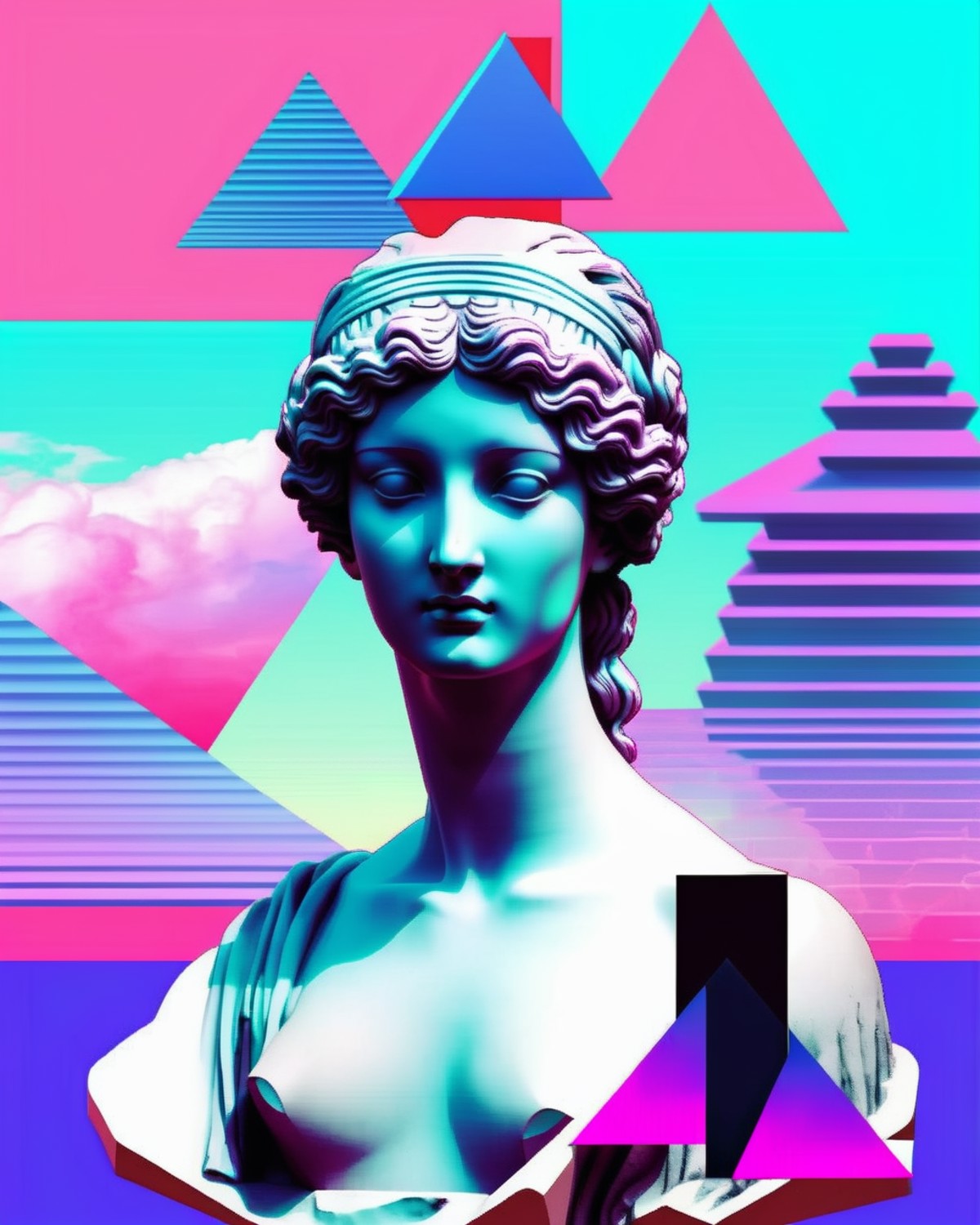 a statue of a woman with a triangle on her head ,   <lora:vapor_graphic_sdxl:0.6> , vaporwave, vapor_graphic