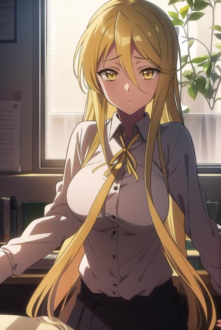 shizukamarikawa, <lora:shizukamarikawatest:1>,
shizuka marikawa, long hair, blonde hair, very long hair, low-tied long hair, (yellow eyes:1.5), hair between eyes,
BREAK skirt, shirt, long sleeves, ribbon, white shirt,
BREAK looking at viewer,
BREAK indoors, classroom,
BREAK <lora:GoodHands-vanilla:1>, (masterpiece:1.2), best quality, high resolution, unity 8k wallpaper, (illustration:0.8), (beautiful detailed eyes:1.6), extremely detailed face, perfect lighting, extremely detailed CG, (perfect hands, perfect anatomy),