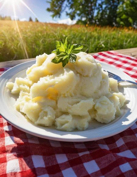 mashed potatoes served on a plate under the bright sun on a hot summer afternoon. The dish is placed on a picnic table, with a few rays of sunlight casting a warm glow on the potatoes. The background features clear skies, a few fluffy clouds, and an inviting, summery atmosphere
