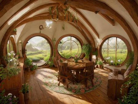 <lyco:hobbit house_v1.0:1.0>  hobbit house, flowery, organic, Sun Room, realistic