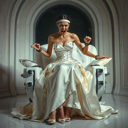 A slender, arrogant bride, dressed in a luxurious, rich fantasy satin wedding gown with a fitted, boned corset and a full, flared skirt, paired with satin high heels, struggles to break free from her restraints, her face contorted in a scream of desperation. The brainwashing headband, is secured to her temples, connected to a vintage CDC6000 supercomputer looming in the shadows. Her hands and ankles are bound to a biomechanical white chair, adorned with wet-look glossy pearl pillows, by massive steel restraints, accentuating her ultra-thin waist. The scene is set in a sterile, empty chamber, with a glossy mother-of-pearl finish, evoking a sense of futuristic dread. Inspired by the cinematic styles of Ridley Scott, Guillermo del Toro, and H.R. Giger, with a blend of sci-fi and horror elements, this full-body portrait is a masterpiece of cinematic storytelling, shot on a virtual v-raptor XL camera, with a warm, film-grained aesthetic, subtle vignette, and rich color grading, reminiscent of 35mm film, with dramatic, atmospheric lighting, inviting the viewer to immerse themselves in this epic, stunning scene.