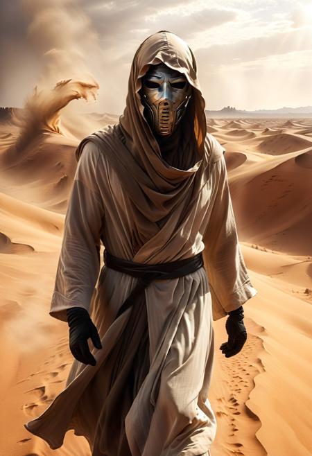 score_9, score_8_up, score_7_up, score_6_up, score_5_up, score_4_up, (absurdres, best quality, masterpiece:1.4), illustration, photorealistic, cinematic lighting, dynamic angle, perfect composition, mask, face cover, flowing robes, sandstorm, desert landscape, harsh sunlight, rugged clothing, mysterious figure, wind blowing, intense atmosphere, survival