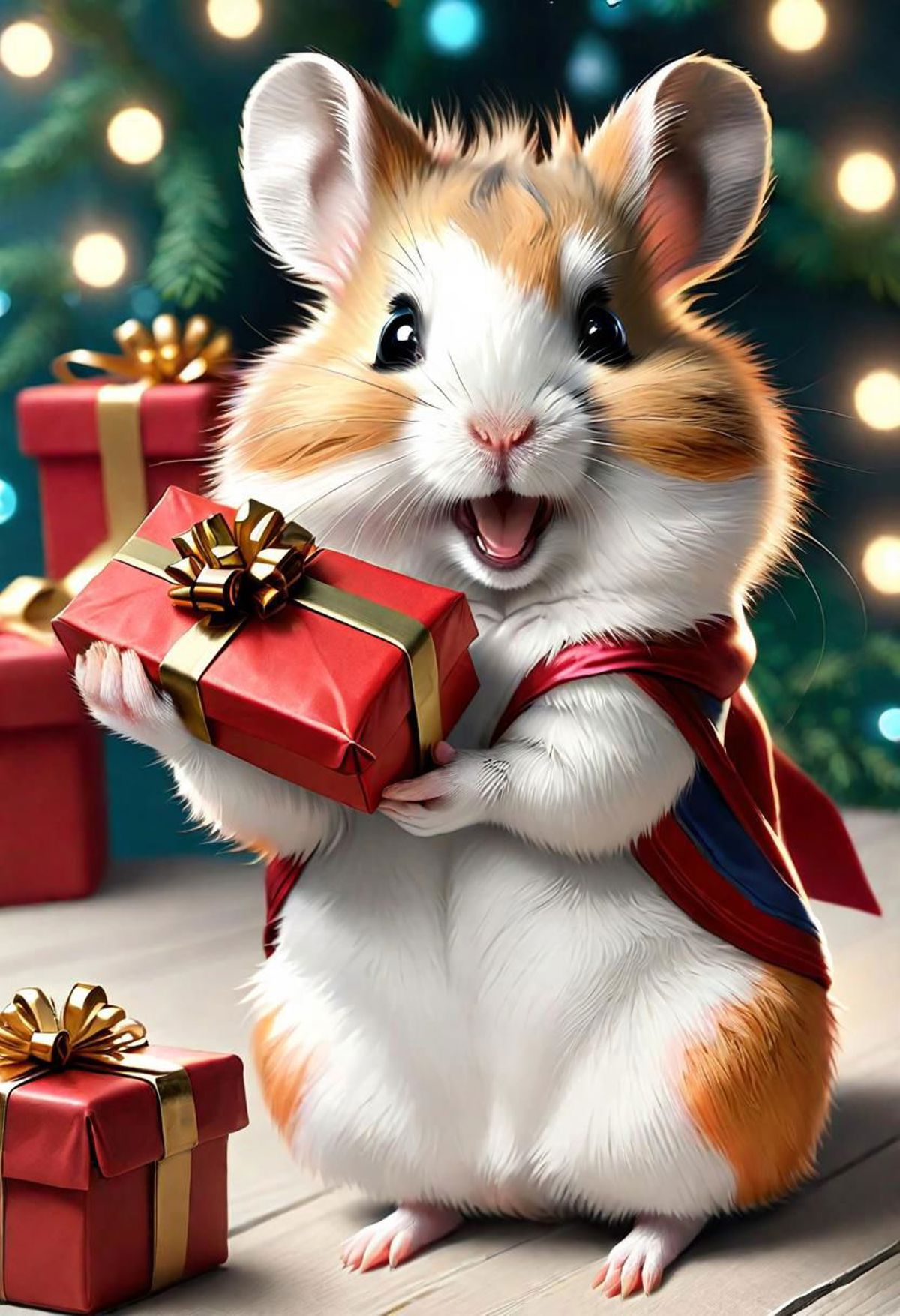 A cute hamster in a Santa outfit holding a red box.