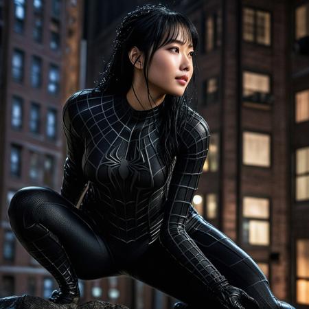 score_9, score_8_up, score_7_up, best quality, realistic, masterpiece, beautiful detail, hyperrealistic, ((1girl, woman body, large breast)), amazing detailed full body of a cute korean girl, cute face, wearing a realistic and highly detailed black raimi spider-man suit, ((defined muscular girl)), professional model wears ultra - detailed black raimi spider - man suit, ultra - detailed and grained black raimi spiderman suit, suit covered entire body and hand, black spiderman gloves, wet, (black hair, attraction, light smile), from side, climbing on a mount, octane render, highly detailed, volumetric, dramatic lighting, (highest quality:1.1), (HDR:1.3), (top quality, best quality), realistic, high definition, cinematic scene, cinematic lighting, intricate detail skin and facial texture, lifelike expression, accurate character design, interesting and complex background details,
