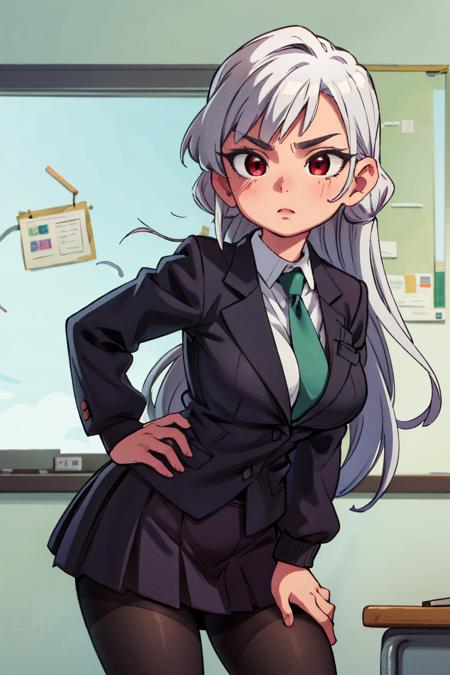 <lora:more_details:0.5>, <lora:shizuka-nano-09:0.7>, nano_wz, red eyes, white hair, long hair, green necktie, black jacket, miniskirt, black skirt, pleated skirt, collared shirt, long sleeves, white shirt, school, pantyhose, black pantyhose,  large breasts, classroom, hand on hair, hand on hip, 1girl, (masterpiece:1.3), (high resolution), (8K), (extremely detailed), (4k), (pixiv), perfect face, nice eyes and face, (best quality), (super detailed), detailed face and eyes, (solo), textured skin, absurdres, highres