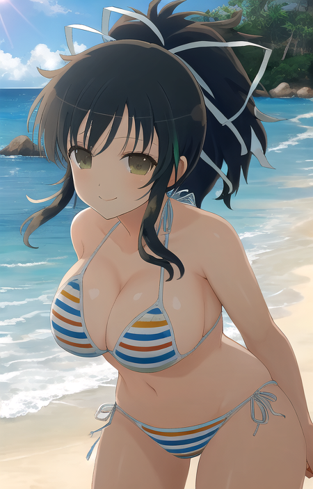 masterpiece, best quality,
asuka_sk, asuka_striped_bikini, 1girl, short hair, ponytail, large breasts, wide hips, hair ribbon, white ribbon, multicolored bikini, striped bikini, side-tie bikini bottom, closed mouth, smile, happy, cowboy shot, front view, beach setting, ultra-detailed, extremely detailed, anime, senran kagura, 8k <lora:Asuka_SK_1_1-10:1:ALL>