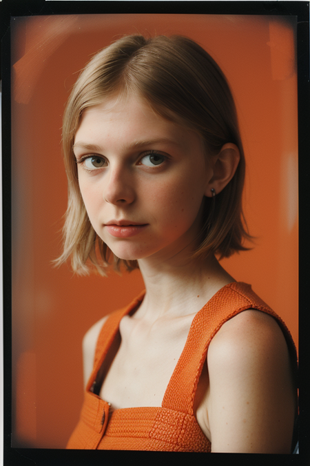 FloFleming-250, Century Camera Co. Studio, 160mm f/8, 1/10s, ISO 25, ((tintype, portrait, full color, bold color, orange, red, gradient)), blouse, ((geometric halftone background))