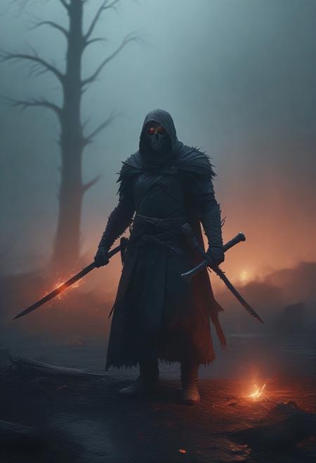 lone warrior, cursed battlefield, blood-red sky, dark fantasy, charred ground, scattered bones, rusted weapons, glowing red fissures, cracked earth, towering skeletal trees, twisted branches, faint black fog, creeping shadows, warrior in black armor, intricate engravings, tattered crimson cloak, holding a notched longsword, blood-stained blade, scarred face, hollow gray eyes, distant raven cries, swirling ash particles, faint embers floating, jagged lightning flashes, very dark atmosphere, high contrast, ultra-detailed, realistic textures, grim scene