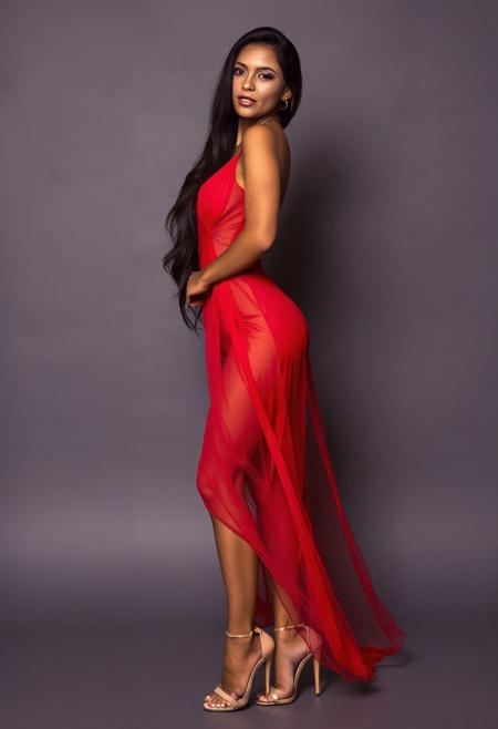 A high quality photo of a gorgeous woman wearing a long red sheer dress and high heels. 
She is posing confidently in a Dynamic pose.
Her skin is tanned and her long dark hair reveals her native American origin. 
Hey eyes are boldly made up.