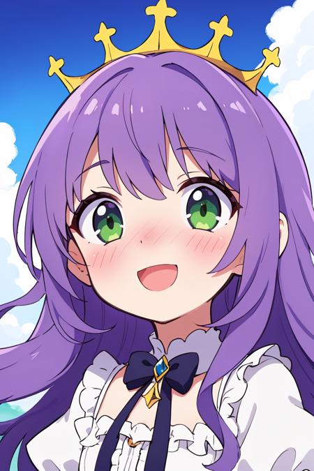 masterpiece, best quality, solo, petite,
long hair, wavy hair, purple hair, green eyes, dress, open mouth, nose blush, surprised, smile, frills, crown,
portrait, blue sky, cloud,