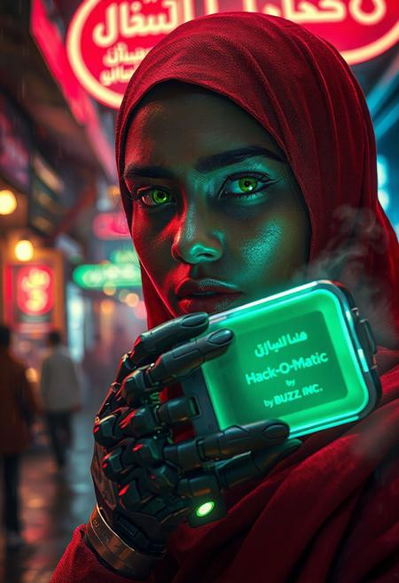 Photorealistic cyberpunk close-up portrait of a Muslim teen woman in a neon-lit Kabul night market. She has smooth dark skin, a rounded face, and piercing green cybernetic eyes that glow faintly in the dark. Her red hijab is textured and slightly worn, draped loosely around her head and shoulders with strands of black hair peeking out.
She is holding a small futuristic translucent computer in her brushed-metal cybernetic hand, shaped like a perfect natural hand. On the back of the device, two lines of etched glowing text read:
“Hack-O-Matic”
“by BUZZ INC.”, 
Her expression is intense, lips full and accented with makeup that enhances her green eyes. Background details show rain-slick streets, steam rising, and neon Arabic signage glowing in the market. The scene is cinematic, moody, and hyper-detailed, blending the old market setting with futuristic cyberpunk atmosphere.”
⸻
Style Keywords
photorealistic, ultra-detailed, cinematic cyberpunk, Kabul night market, neon Arabic signs, rain-soaked streets, atmospheric realism, close-up portrait, red worn hijab, brushed-metal cybernetic hand, glowing etched text “Hack-O-Matic by BUZZ INC.”, green cybernetic eyes faint glow, futuristic translucent computer, cinematic lighting, high resolution