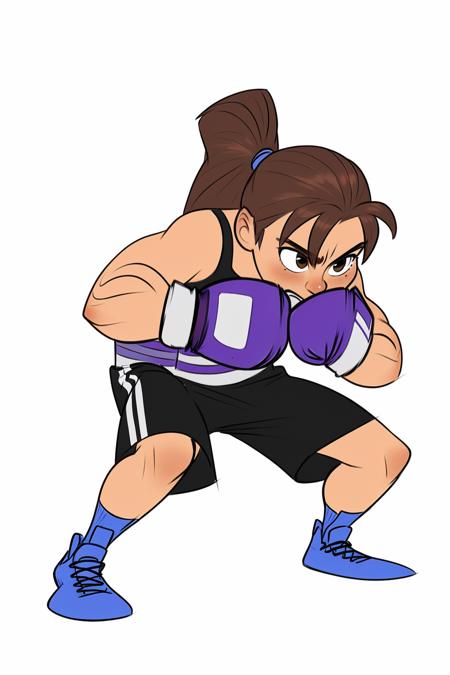 European and American cartoon characters, original character design, hand-drawn drafts, 1girl, solo, brown hair, ponytail, boxing gloves, shorts, white background, long hair, full body, simple background, brown eyes, shoes, sports bra, muscular, fighting stance <lora:Cartoon characters:1>