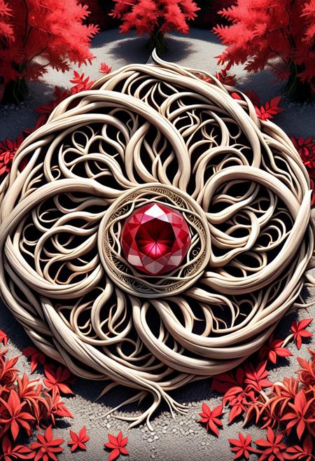 aesthetic, masterpiece, beautiful, elegant, award winning,  absurdres, hdr, best quality, bloom, radiance from leafs, ruby gem at center, leafs, plants spread out from center ,PG-TR, symmetrical, geometric, 2.5d,