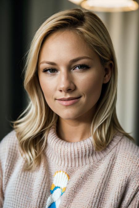 RAW photo of helfisch, face portrait, blonde, colorful sweater, 8k uhd, dslr, soft lighting, high quality, film grain, Fujifilm XT3,  <lora:helfisch:1>