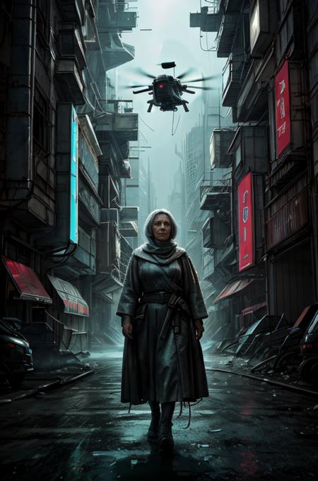 Environmental Portrait of a Weathered Yugoslavian Grandma in a Futuristic Urban Dystopia, CyberPunk, Surrounded by Hovering Drones, Captured with Stark Backlighting, Emanating a Sense of Survival and Experience  <lora:more_details:0.6>  <lora:CyberPunkAI:0.7>  <lora:picxer_real:0.7>
