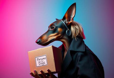An anthropomorphic brown Dobermann dog with soft, long, natural ears and a blonde bobcut with long hair in the back, wearing a black trenchcoat, depicted in profile, side view. The dog is holding a cardboard box labeled ‘Parfum for Dogs’ in a surreal and avant-garde fashion illustration style. The scene features a turquoise silver grunge aesthetic against a gradient magenta and teal background. The setting includes vivid colors, filigree details, and photorealistic rendering. The lighting is moody chiaroscuro, enhanced by the visual distortion of fisheye cinema prime lenses (9mm) and noir film-style color correction