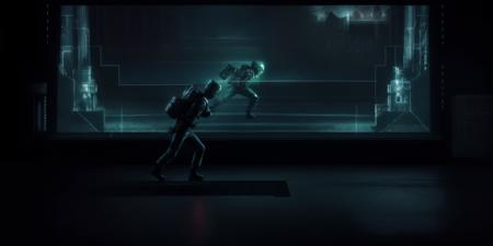 <lora:15AlternateRealities:1>alternative reality: a man running in a dark room with a large screen in the background