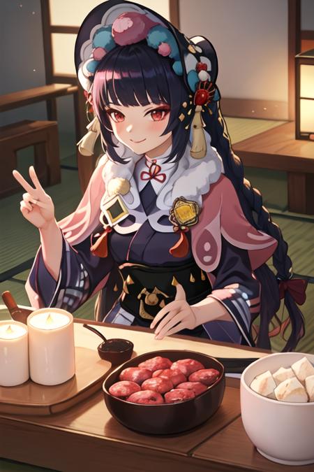 best quality, masterpiece, highres, solo, {yukata:1.40}, {kimono:1.20}, {yun_jin_genshin:1.15}, bangs, blunt_bangs, long_hair, red_eyes, black_hair, bonnet, smile, capelet, vision_\(genshin_impact\), tassel, pink_capelet, purple_hair, makeup, closed_mouth