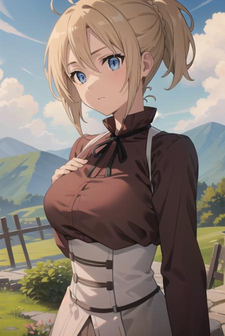 zenith greyrat, short hair, blonde hair, blue eyes, ponytail, ahoge, skirt, shirt, thighhighs, long sleeves, ribbon, boots, black thighhighs, thigh boots, brown shirt,