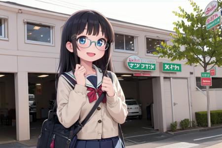 best quality, ultra-detailed, illustration,
1girl, glasses, black hair, long hair, school uniform, school bag, smile, laughing, solo focus,
saizeriya, storefront, scenery, outdoors, sign, building, window
 <lora:saizeriya_ex_SD15_V1:1>