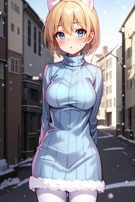 nikka, blue eyes, blonde hair, short hair ribbed sweater, turtleneck, long sleeves, white pantyhose, sweater dress