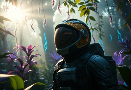 Cinematic shot, astronaut exploring an alien jungle, dense foliage towers overhead, exotic plants with glowing bio-luminescent tendrils, vibrant purple and blue leaves, soft mist, futuristic space suit, helmet with gold visor, helmet visor reflects the strange environment, backlit by the morning sun, gentle rays filter through, creating a soft glow, dramatic camera angle, shallow depth of field, bio-luminescent, 8K, UHD, dslr, film grain, intricate details, hyperrealistic.