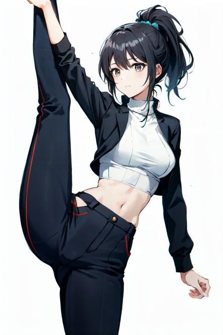 <lora:standing_split:1>standing split, standing on one leg, standing, leg up, 1girl, solo, mature female, turtleneck, pants, long hair,ponytail, white background