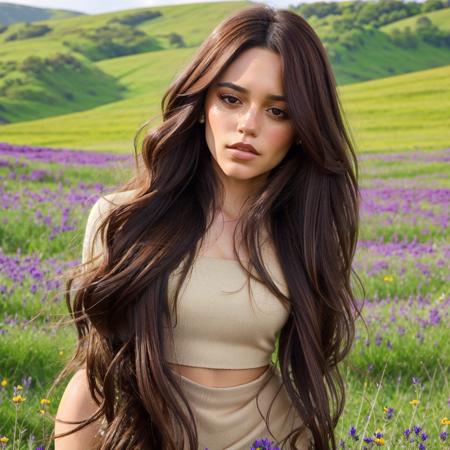 j3nao  full body <lora:j3nao-T1:1> brown captivating stare, voluminous hair, seductive lips, (very light bold dark makeup:0.6), sculpted curves cheekbones, luscious kissers,, soft, high planes, Wildflower Meadow, Frolic in a meadow full of wildflowers.,