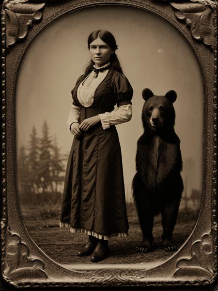 Victorian-era pocahontas standing with bear, posed for a prohibition-themed gala, captured in ferrotype style, high contrast, sepia-toned, soft focus, depth of field like f/750, vignette effect with version 6.0 touch, vintage aesthetic, antique texture, ultra-realistic.