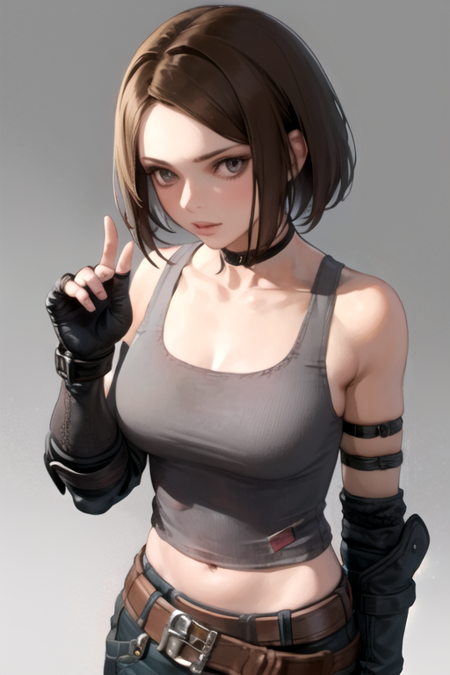 TrishkaNovak, 1girl, solo, short hair, brown hair, gloves, bare shoulders, midriff, belt, pants, fingerless gloves, tank top, elbow pads