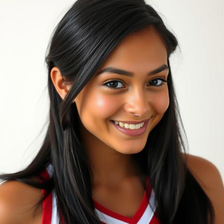 Beautiful high school cheerleader with a lovely smile. Raven black hair, shoulder length, swept behind the ear. Tanned skin. Brown eyes. SMiling