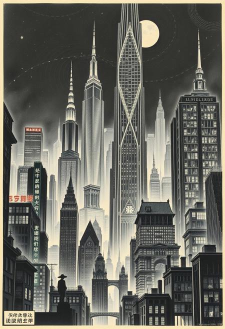 A utopian megacity, its towering buildings rendered in single-line engravings that create illusionistic shadows, vintage pulp illustration, japanese gothic mystery, noir suspense, psychological horror, moody atmosphere, chiaroscuro lighting, dramatic composition, sinister elegance, retro book cover art, twisted narratives, 1950s pulp realism, uncanny characters, surreal menace, textured brushwork, vivid expressionism, dark eroticism, theatrical poses, gothic urban settings