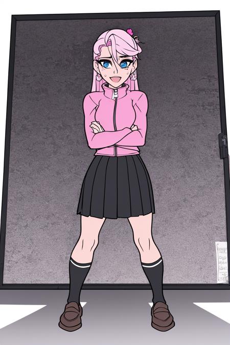 (masterpiece, best quality:1.2), <lora:tobinge:.7>, tobinge, solo, 1girl, pink hair, skirt, long hair, jacket, blue eyes, pleated skirt, socks, hair ornament, black socks, loafers, shoes, white background, pink jacket, brown footwear, simple background, cube hair ornament, track jacket, v, hair between eyes, looking at viewer, full body, bangs, open mouth, black skirt, shaded face, double v, long sleeves, sweat, one side up, standing, kneehighs, smile, gloom \(expression\)