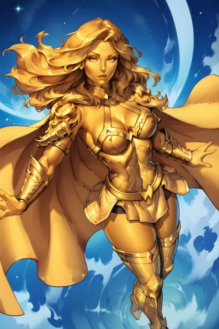 anticrww, long hair, yellow theme, pauldrons, bracer, gold armor, breastplate, cape, collar, skirt, cleavage, belt, thighhighs, boots Weapon, Holding chainsaw