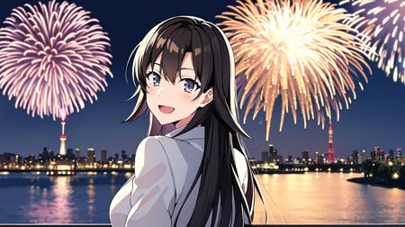 hiratsuka shizuka, 1girl, (night:1.4), cityscape, river, (fireworks:1.2), kimono, large breasts, bangs, from behind, looking back, happy, :d, long hair, tokyo sky tree, grey eyes, <lora:shizuka_hiratsuka:1>