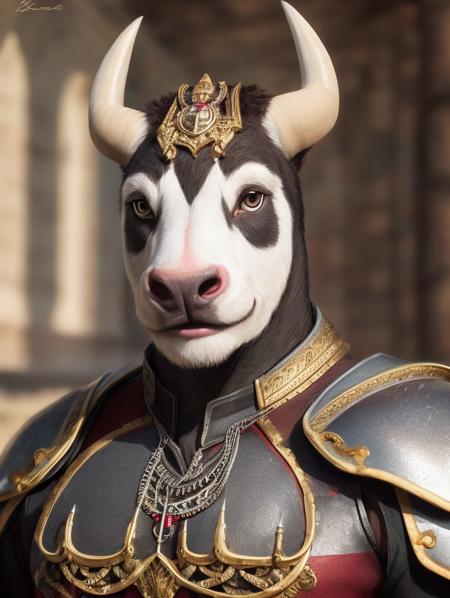 portrait bull wearing a armor, photorealistic, intricate, highly detailed, smile, 8k