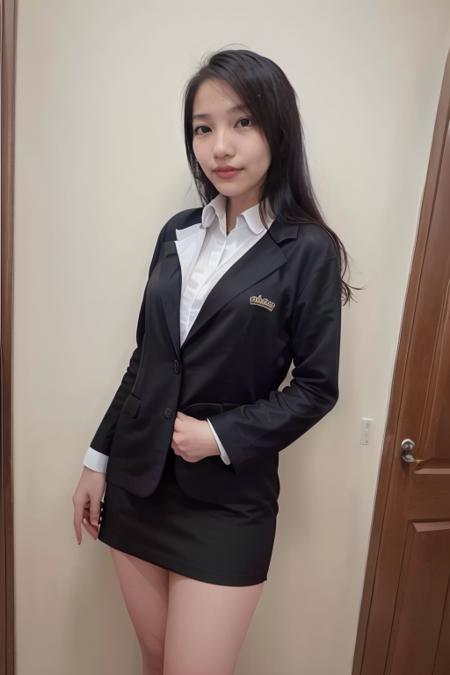 <lora:Javanese_Girl_V3:0.8>, A dashing collected professional beauty young woman, black short skirt, black loafers, short-sleeved white collared shirt, office shirt, (1girl, solo, one people, one person, alone, standing straight, arms at side), best quality, ((masterpiece)), (photorealistic:1.4), photorealism, photography, hyperrealistic, hyperdetailed, lots of details, extremely amazing finely detail, (((full body:1.5, small breast:1.4, slender body:1.3, body height 150 cm, body weight 40 Kg, realistic body, realistic face, realistic arms, realistic feet, 18 years old, black hair, medium hair))), perfect body, perfect face, detailed body, detailed face, detailed finger, realistic hand and finger, extremely delicate beautiful, most beautiful woman, beautiful face, looking at viewer, lustful woman, arroused, seduced, flirty, orgasm face, horny:1.2, seductive expression, dynamic sexy hot seductive horny poses, cute, virgin, photobooth, photo studio, inside photo studio, simple elegant luxury black wall background, (nikon RAW photo, 8K, Fujifilm XT3, HDR10+, high-res, depth of field, huge filesize), shoot by professional, studio lighting, professional tuned lighting, full shot, indoor, perfection, best of the best, professional model, fine tuned, Indonesian, Javanese