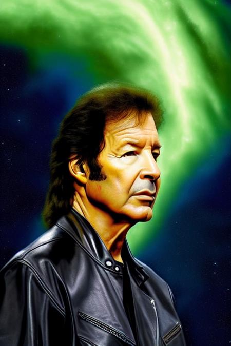 oil painting on black velvet, Portrait of massive giant NeilBreen from the waist up,  wearing black leather jacket without a collar, the milky way galaxy, high detail,  in the style of Alex Grey artstation, Greg Rutkowski