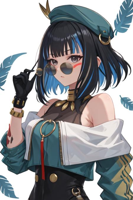 best quality, masterpiece, highres, solo, {tlaloc_fgo:1.15}, bangs, black_hair, blue_hair, multicolored_hair, long_hair, hat, breasts, jewelry, sunglasses, streaked_hair, black_eyes, 1girl, bare_shoulders, facial_mark, headdress, looking_at_viewer, feathers, hair_ornament, simple_background, short_hair, facepaint, medium_breasts, upper_body, white_background