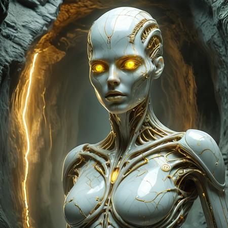 cstatuesdxl,imagine, 3/4 body image, cybernetic mythpunk woman, The body occupies 1/3 of the composition, with liquid marble white skin with golden veins, detailed green-orange translucent eyes, under the skin subtle neon implants, Partially discovery expression, hinting at ancient secrets. Single abstract light source, soft ethereal glow. Wearing a carbon fiber mechanical exosuit with intricate glowing runes, opening a portal within an alien cave, Profound mystery, quiet intensity, in the (style of Hans Ruedi Giger:1.2), scene from an unreal dream in metallic and wet white colors, amplifying the surreal energy of the underground world, extremely detailed