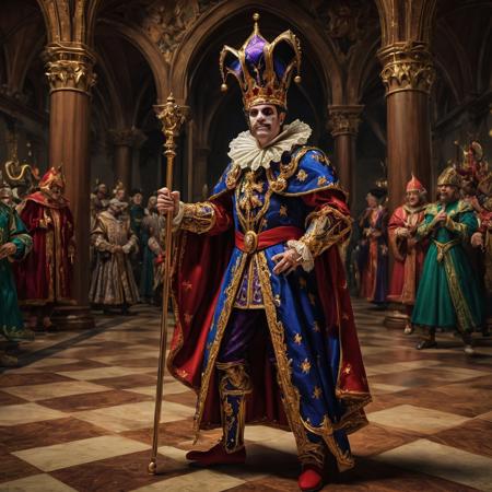 A court jester acting in the court of a powerful king, complete with jester outfit and jester hat.