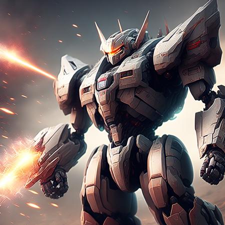 photo Mecha Battle, lasers, explosions, fire, destroyed structures, Mobile Suit Gundam Fighting (GundamFight style:1) <lora:djzGundamFight:0.8)