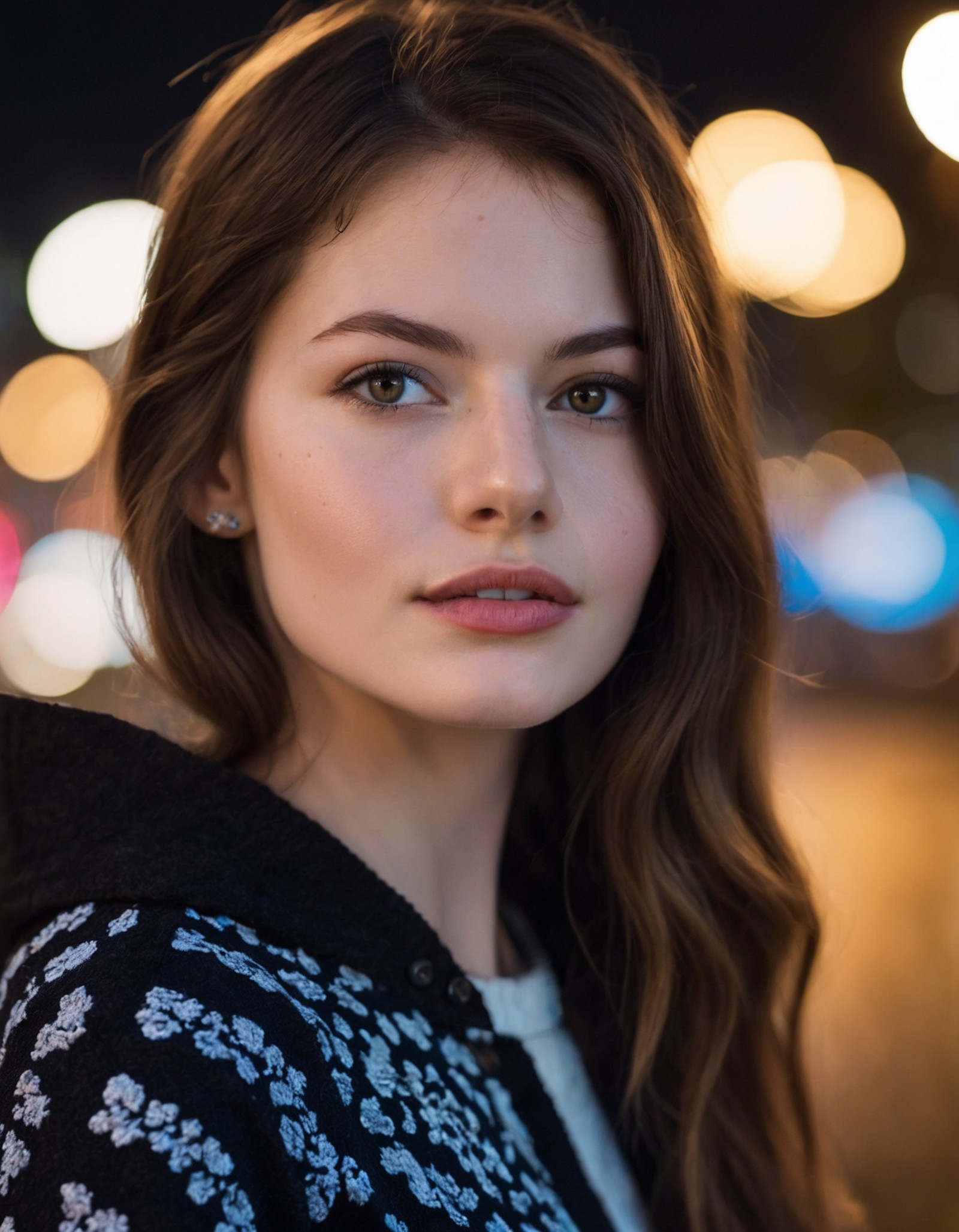 cinematic photo professional fashion close-up portrait photography of a beautiful ((ohwx woman)) in the city at night, Nik...