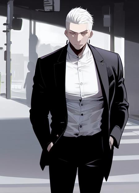 masterpiece,1boy, ratatatat74_style, <lora:ratatatat74-24:1> , cowboy shot,solo,muscular, tight,black suit, white shirt, open jacket, earrings, street, outdoors, hands in pockets, white hair, undercut, detailed shadows, detailed background, wind