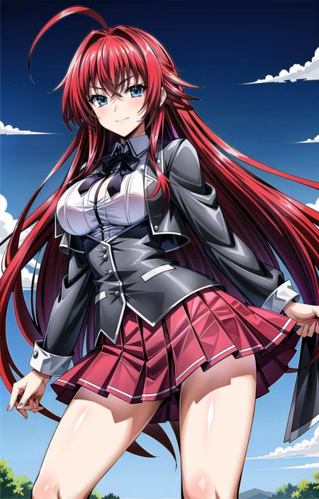 (masterpiece, top quality, best quality, official art, beautiful and aesthetic:1.2),(8k, best quality, masterpiece:1.2), 1girl, mature girl, solo, Rias_Gremory, Rias, (looking at viewer, cowboy shot, standing:1), (crimson red hair, red hair, red colored hair, flowing hair, red long hair, long ahoge:1.2), (blue eyes, light blue shining eyes:1.3), [smile, closed mouth:1.2], [large breasts, sexy:1], (Rias School, school uniform, red pleated skirt, white shirt, black jacket:1.15), <lora:more_details:.4>, <lora:RiasLora:.7>